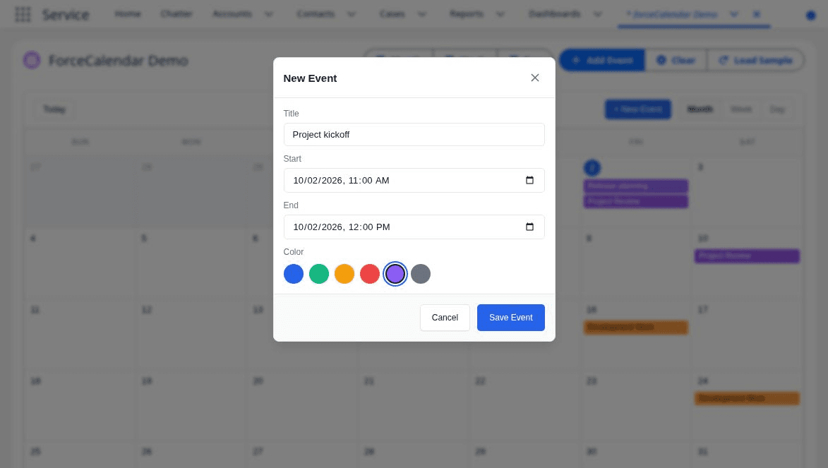 Genuine Lightning event creation form with synthetic sample data